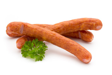 Stack of smoked sausages isolated on a white background.