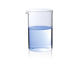 Glass vessel filled with water on a white background with reflection