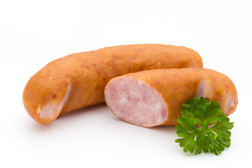 Sausage and spices isolated on white background, fresh delicious frankfurter.