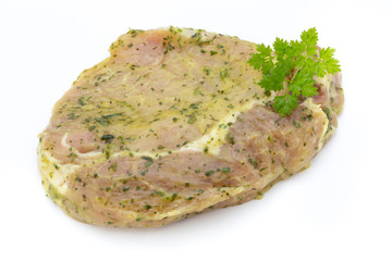 Pork chop, marinated. Isolated on the white background.
