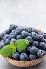 Fresh blueberries natural coconut in a bowl on a gray background.