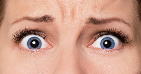 Obraz premium Close-up przerażona twarz pięknej młodej kobiety z pięknymi niebieskimi oczami i dużymi ładnymi rzęsami i brwiami. Makro oczu człowieka - zdziwienie lub szok, patrząc w kamerę.