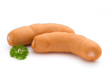 Sausage and spices isolated on white background, fresh delicious frankfurter.