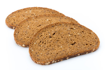 Slices of rye bread isolated on white background.