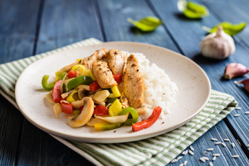 Fried chicken breasts pieces served with steamed vegetable and rice