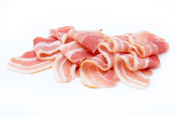 Bacon isolated on white background. Delikatese food.