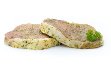 Pork chop, marinated. Isolated on the white background.