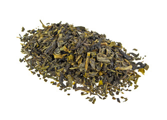 Heap of Chinese green tea on a white background