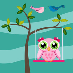 Owl on a tree swing with birds on a blue background
