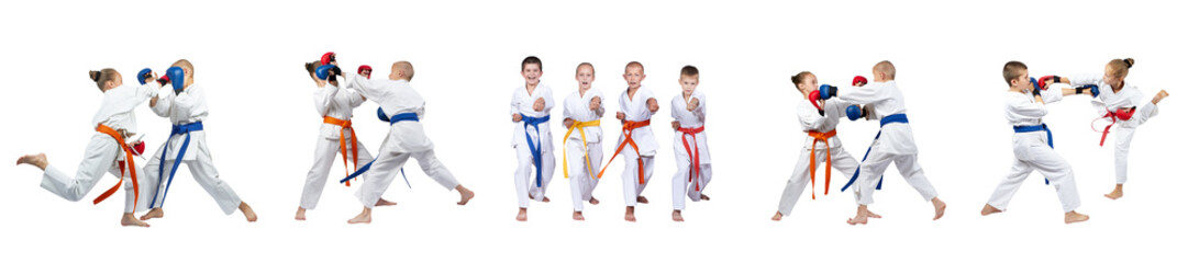 Children in karategi are training blows on white background collage