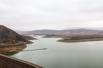 Yellow mountains, lake and beautiful panoramic view