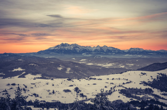 Poland, landscape, Tatra mountains under cloudy sky during sunrise, winter