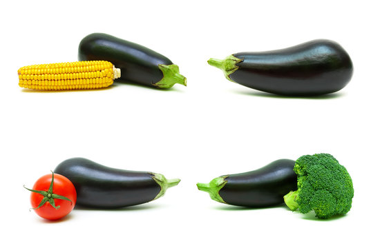 Eggplant and other vegetables on a white background.