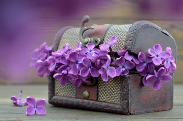 Obraz na płótnie Canvas Anniversary card with lilac flowers in vintage treasure chest