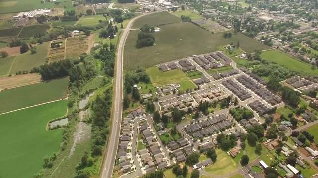 Aerial Footage Flying Over Suburban Neighborhood And Freeway