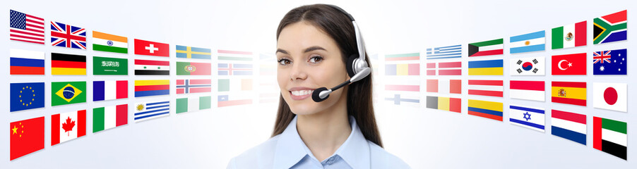 contact us, customer service operator woman with headset smiling isolated on international flags...