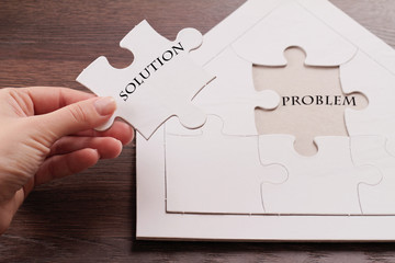 Woman holding pieces of jigsaw puzzle with words problem and solution, close up on hands.