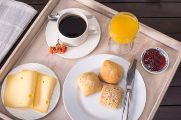 image of breakfast with bread and coffee. Top view.