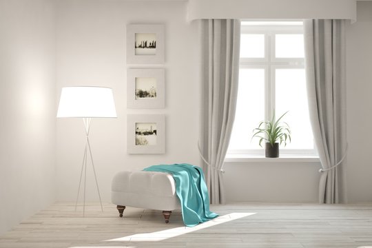 White modern room with chair. Scandinavian interior design. 3D illustration