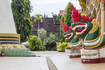 Dragon statues in Wat Luang - buddhist temple in Pakse, Champasak province, Laos