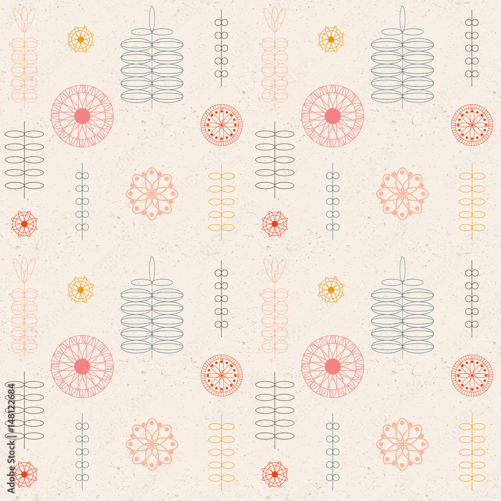 Poster Modern floral vector abstract seamless geometric pattern with flowers, circles, branches in retro scandinavian style. Stylized  flowers and twigs in pastel colors on worn out beige background.