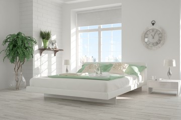 White modern bedroom. Scandinavian interior design. 3D illustration