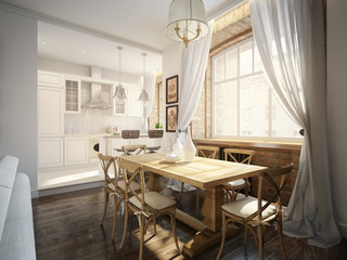 Modern Classic Traditional Dining room and White Kitchen