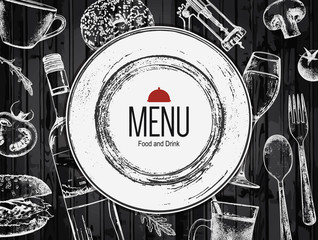 Restaurant menu design. Vector menu brochure template for cafe, coffee house, restaurant, bar. Food and drinks logotype symbol design. With a sketch pictures - 148127409