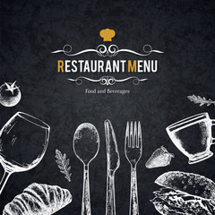 Restaurant menu design. Vector menu brochure template for cafe, coffee house, restaurant, bar. Food and drinks logotype symbol design. With a sketch pictures - obrazy, fototapety, plakaty