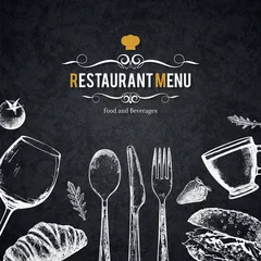 Gordijnen Restaurant menu ontwerp. Vector brochure menusjabloon voor café, koffiehuis, restaurant, bar. Eten en drinken logo symbool ontwerp. Met een schets foto& 39 s © Max Larin