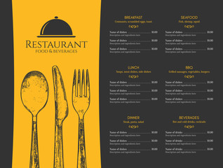 Restaurant menu design. Vector menu brochure template for cafe, coffee house, restaurant, bar. Food and drinks logotype symbol design. With a sketch pictures - 148127451