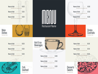 Restaurant menu design. Vector menu brochure template for cafe, coffee house, restaurant, bar. Food and drinks logotype symbol design. With a sketch pictures