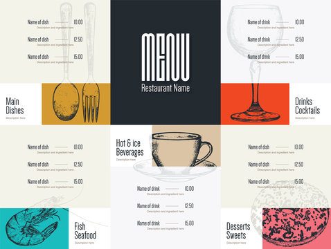 Restaurant menu design. Vector menu brochure template for cafe, coffee house, restaurant, bar. Food and drinks logotype symbol design. With a sketch pictures