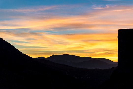 Idyllic view of sunset in the mountains on a day in March, captured in Moclín, Andalusia, Spain