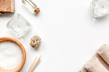 spa set with salt and soap on white background top view mockup