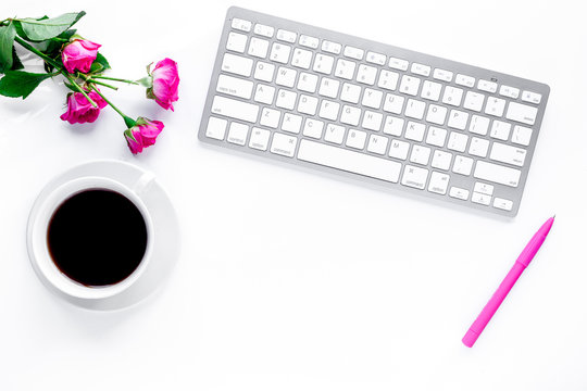 woman breakfast with coffee and flowers in office on white background top view mockup