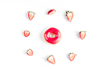 lunch with donuts and strawberry on white background top view mock up