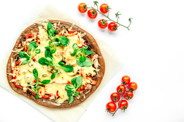 cooking pizza with vegetables and cheese on white desk background top view