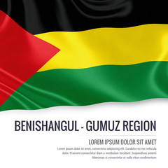 Fototapeta premium Benishangul-Gumuz Region flag. Flag of Ethiopian state Benishangul-Gumuz Region waving on an isolated white background. State name and the text area for your message. 3D illustration.