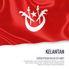 Kelantan flag. Flag of Malaysian state Kelantan waving on an isolated white background. State name and the text area for your message. 3D illustration.
