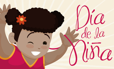 Cute Brunette Girl Smiling and Celebrating Children's Day in Spanish, Vector Illustration
