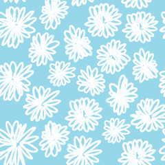 Colorful hand drawn seamless spring white flower on the blue background, floral illustration painted by oil color, high quality