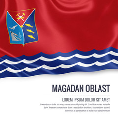 Russian state Magadan Oblast flag waving on an isolated white background. State name and the text area for your message. 3D illustration.