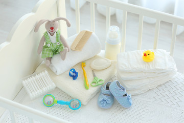 Set of baby accessories for hygiene in crib