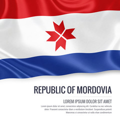 Russian state Republic of Mordovia flag waving on an isolated white background. State name and the text area for your message. 3D illustration.
