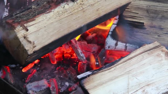 Campfire with logs and embers and smoke
