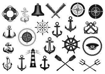 Nautical icon set with anchor, helm and rope