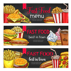 Fast food lunch meal with drinks chalkboard banner