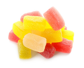 Tasty jelly candies on white background