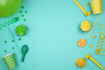 Bright birthday decor on color background